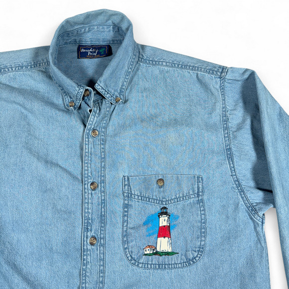 Vintage Lighthouses Shirt Adult MEDIUM Blue Chambray Jean Great Coastal 90s - Picture 3 of 11